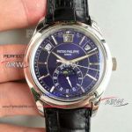 Perfect Replica KM Factory Patek Philippe Blue  Face Leather Strap Swiss Watch